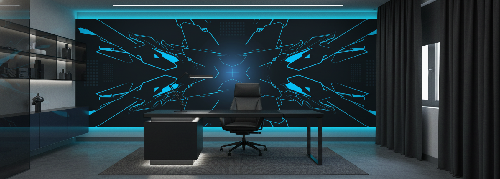 Papier Peint Futuriste Explosion Géométrique Bleue sur Fond Noir - Bureau
