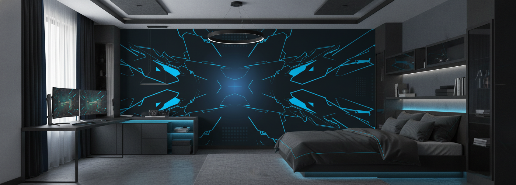 Papier Peint Futuriste Explosion Géométrique Bleue sur Fond Noir - Chambre ado