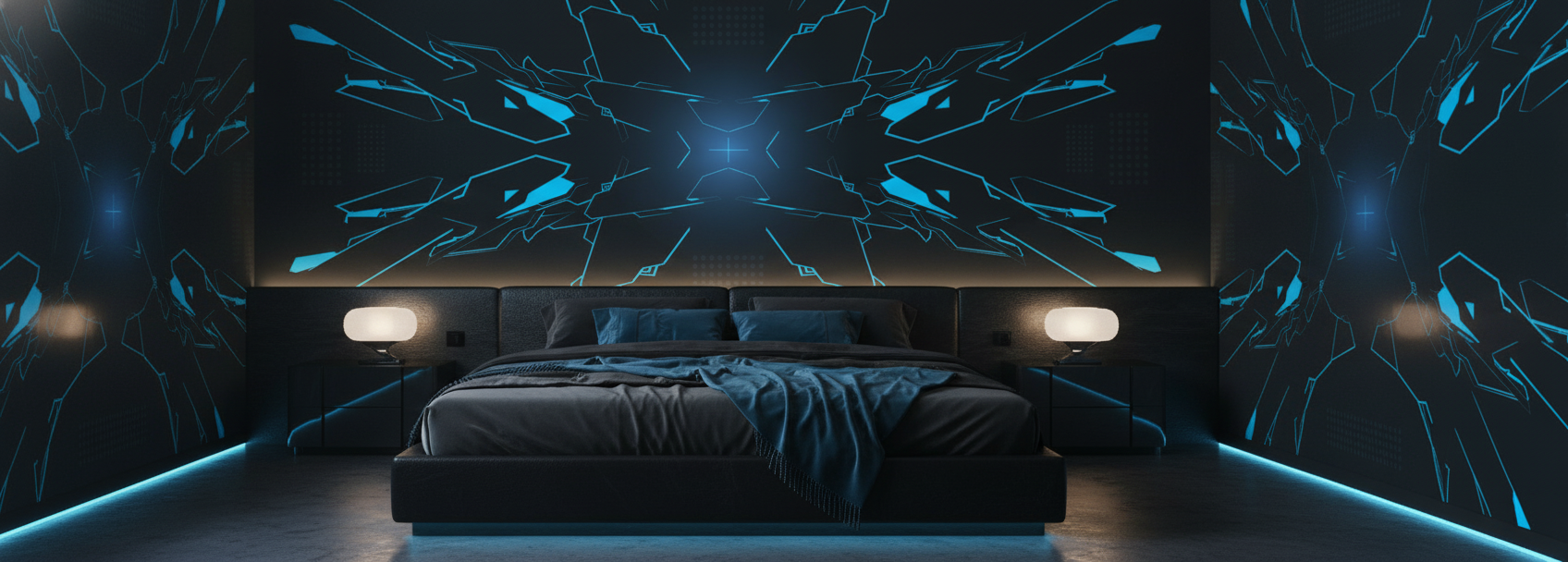 Papier Peint Futuriste Explosion Géométrique Bleue sur Fond Noir - Chambre adulte