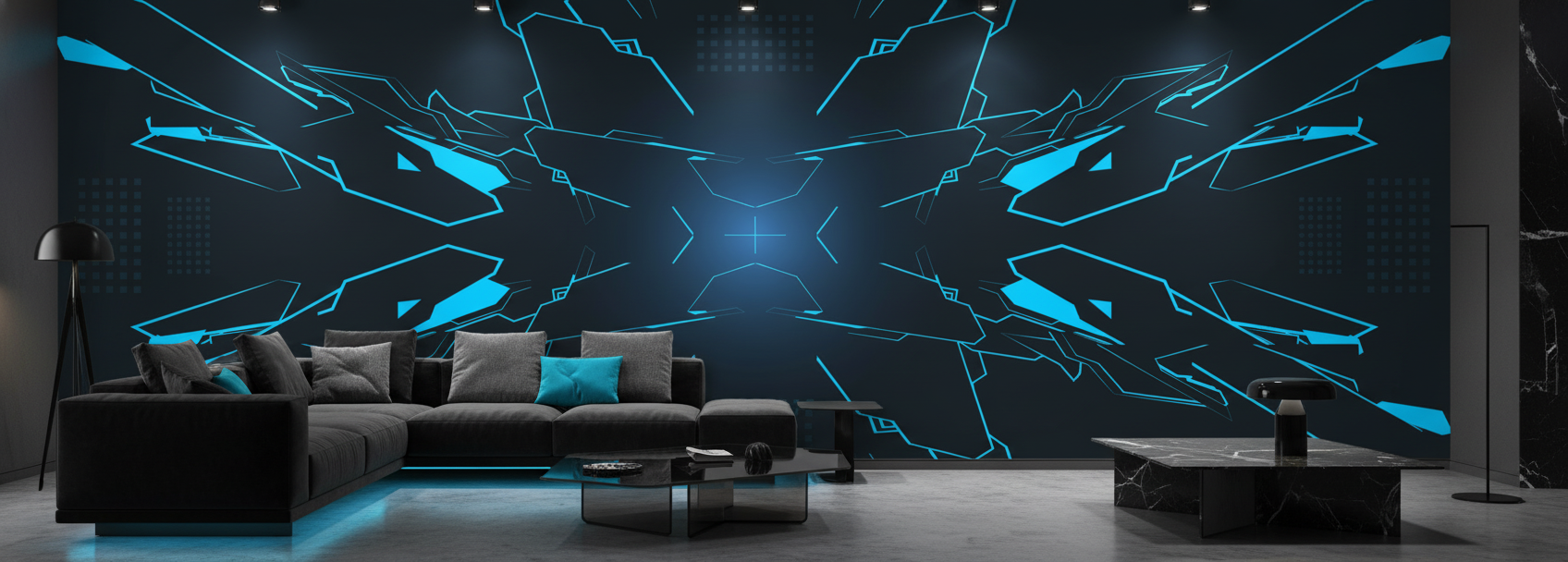 Papier Peint Futuriste Explosion Géométrique Bleue sur Fond Noir - Salon / Séjour