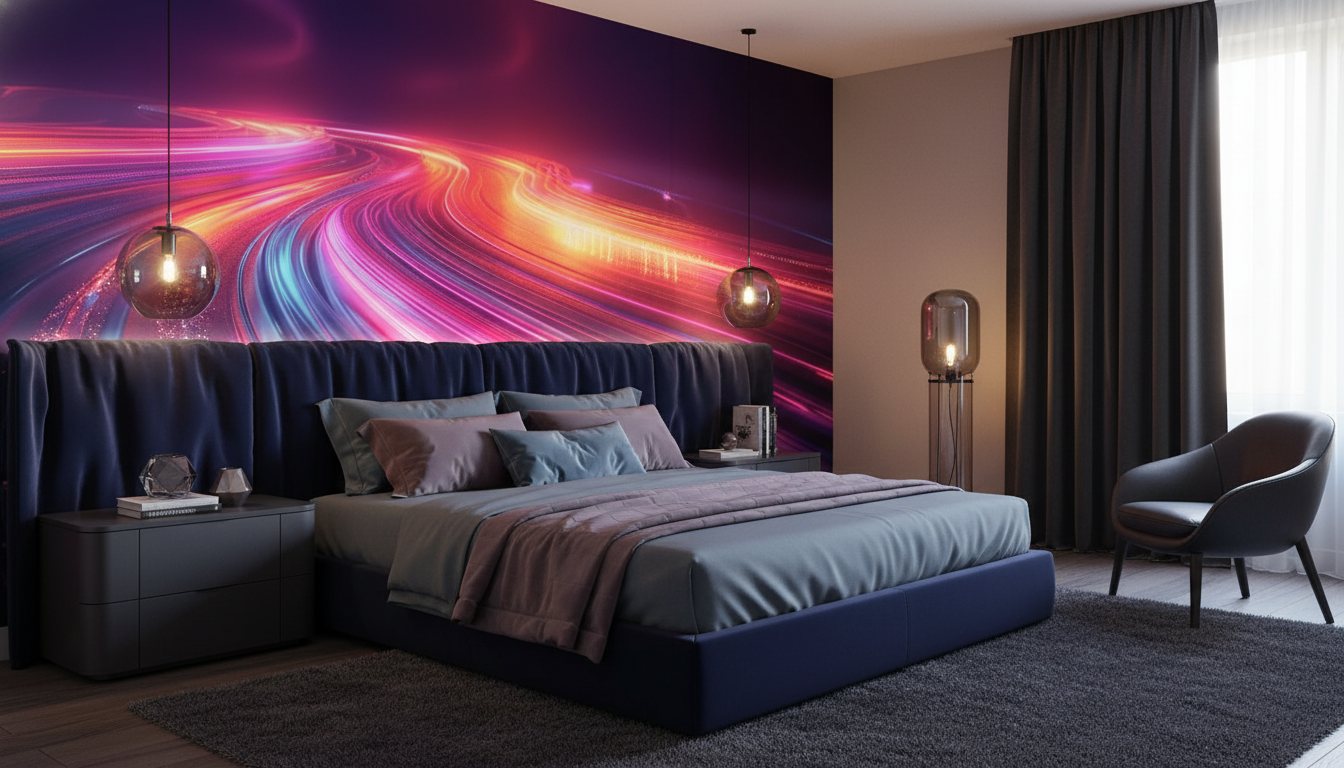 Papier Peint Futuriste Flux Lumineux Néon Rose et Bleu - Chambre adulte