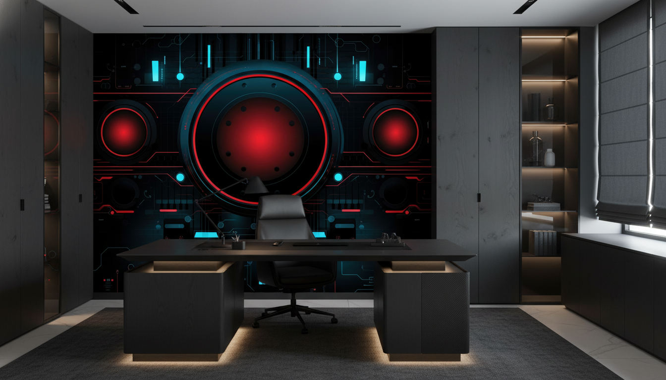 Papier Peint Futuriste Interface Technologique Rouge et Cyan - Bureau