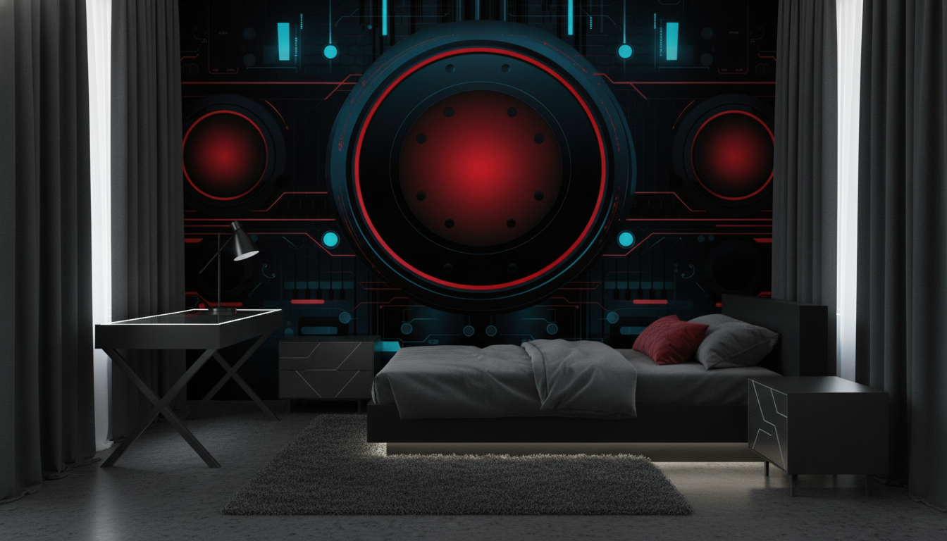 Papier Peint Futuriste Interface Technologique Rouge et Cyan - Chambre ado