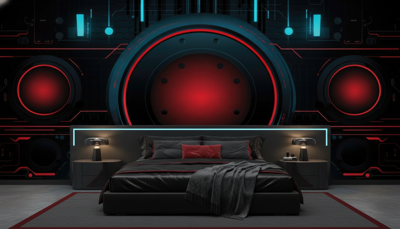Papier Peint Futuriste Interface Technologique Rouge et Cyan - Chambre adulte