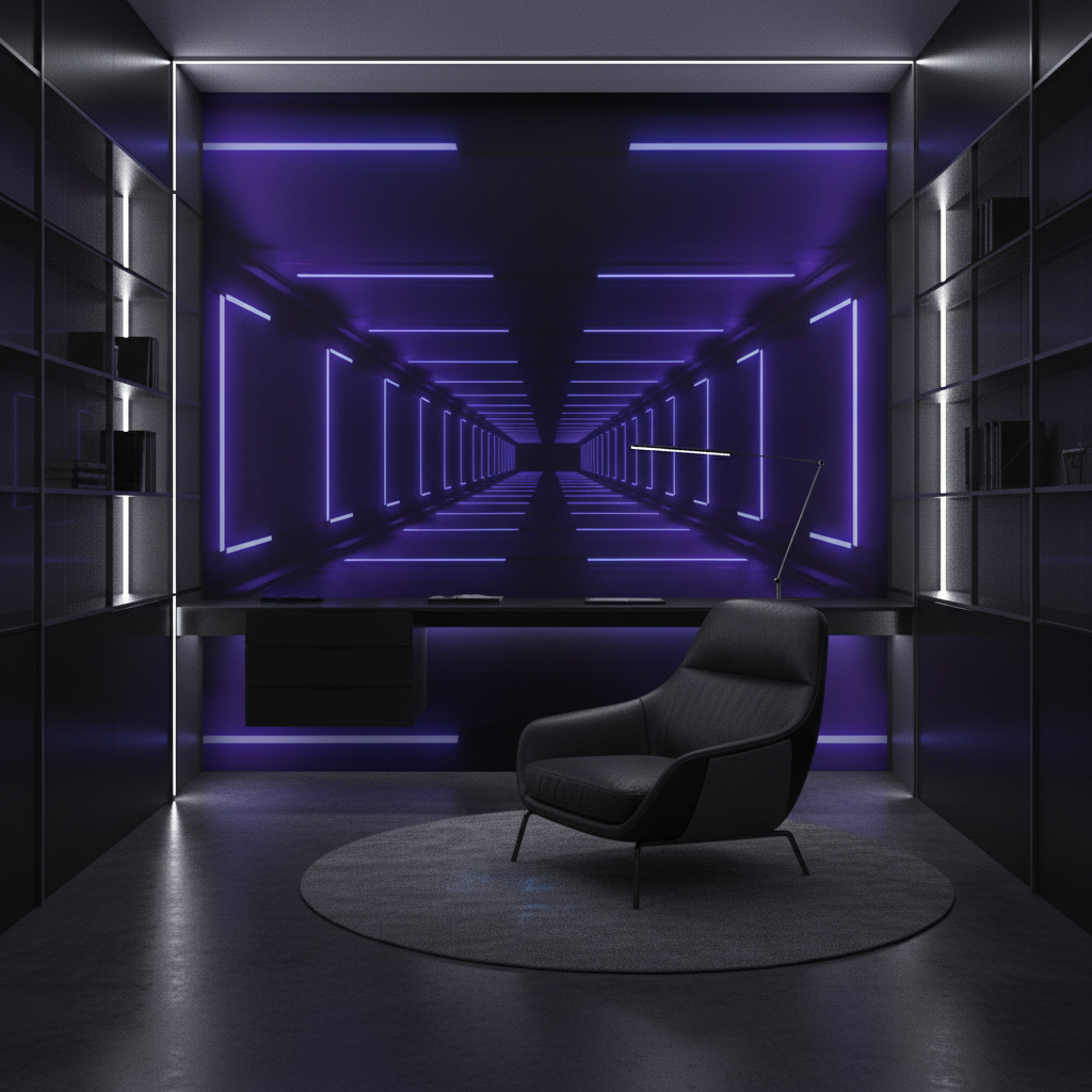 Papier peint futuriste néon couloir cyberpunk violet bleu - Bureau