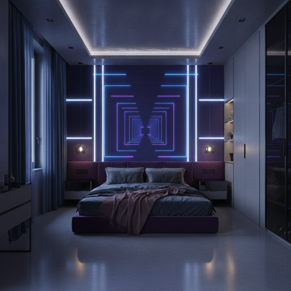 Papier peint futuriste néon couloir cyberpunk violet bleu - Hôtel