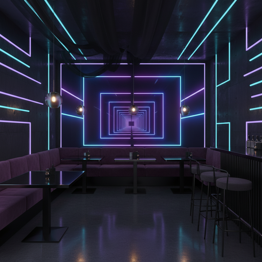 Papier peint futuriste néon couloir cyberpunk violet bleu - Restaurant