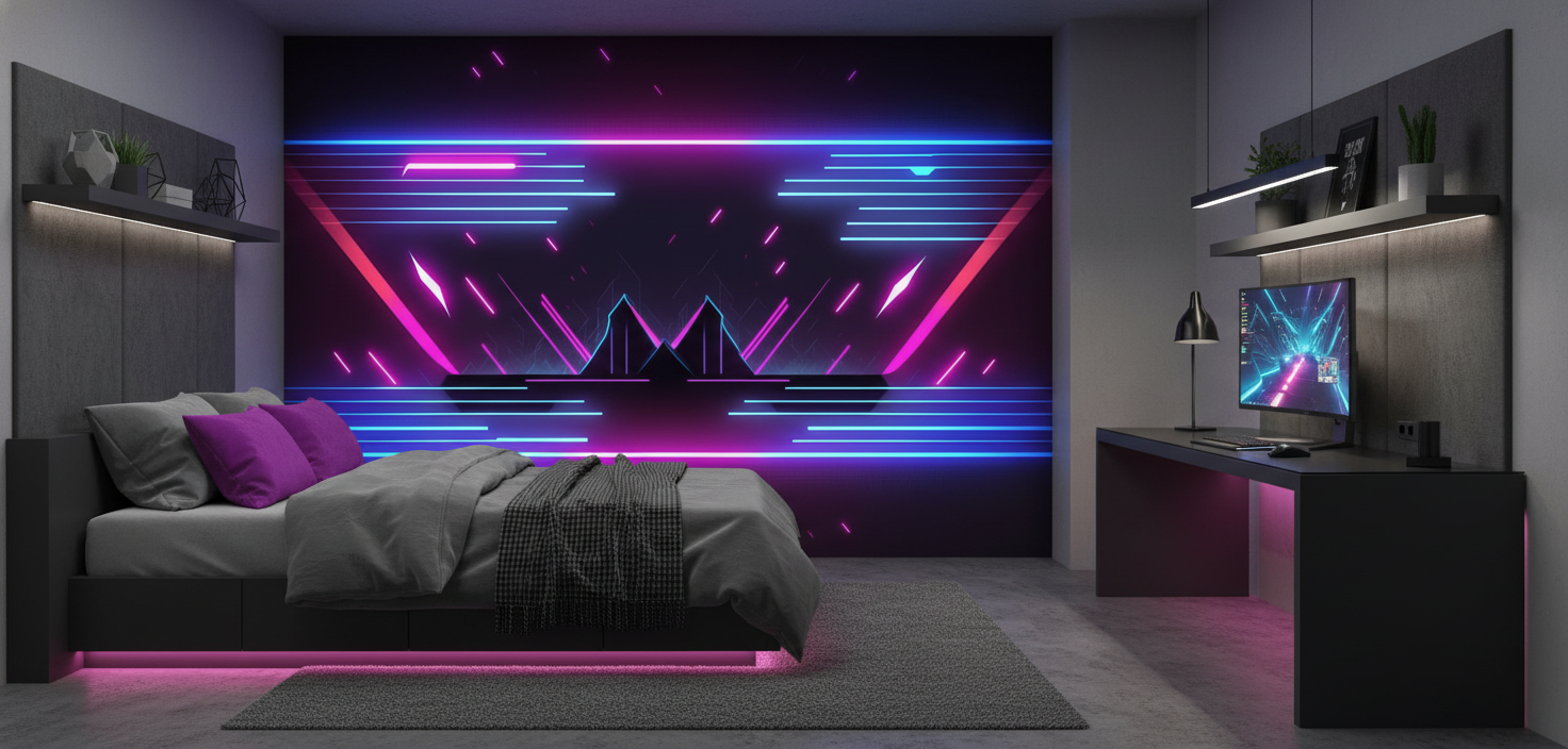 Papier Peint Futuriste Néon Cyber Ambiance Gaming Électronique - Chambre ado