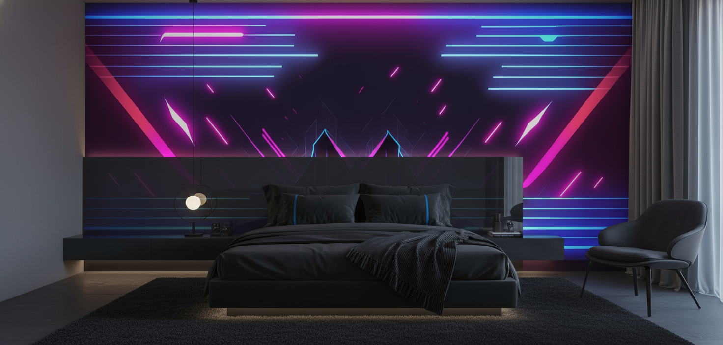 Papier Peint Futuriste Néon Cyber Ambiance Gaming Électronique - Chambre adulte