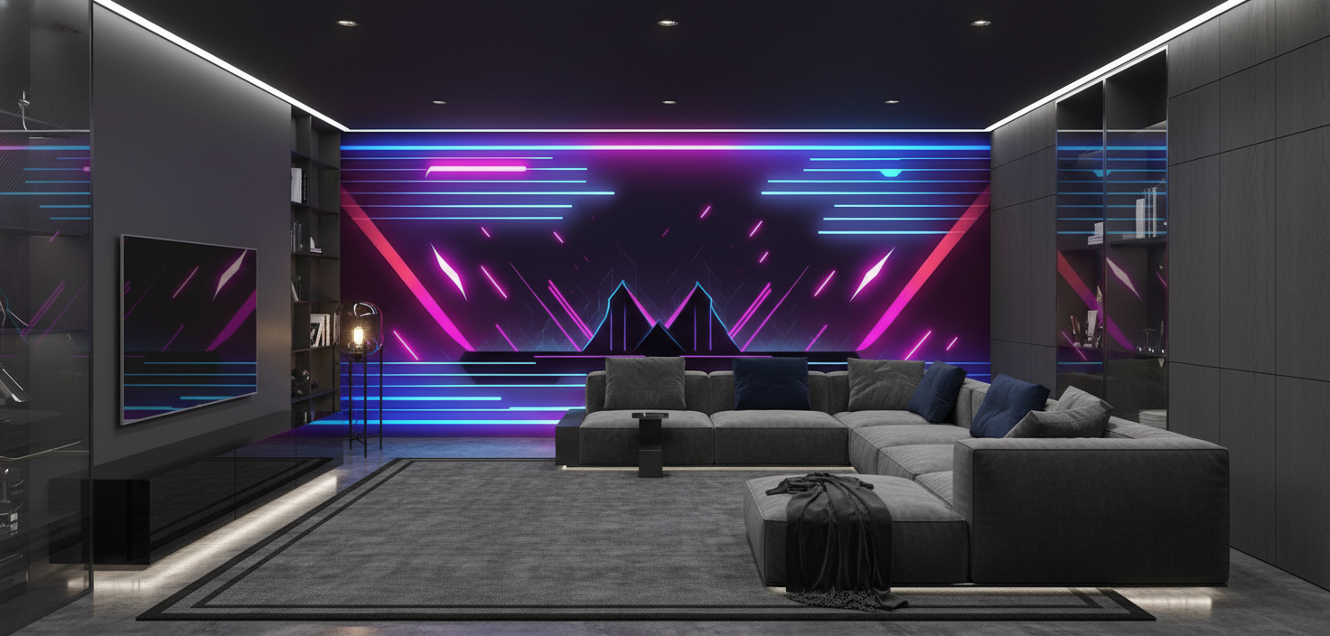 Papier Peint Futuriste Néon Cyber Ambiance Gaming Électronique - Salon / Séjour