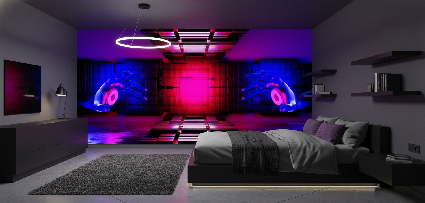 Papier peint futuriste néon cyberpunk mains holographiques effet 3D - Chambre ado