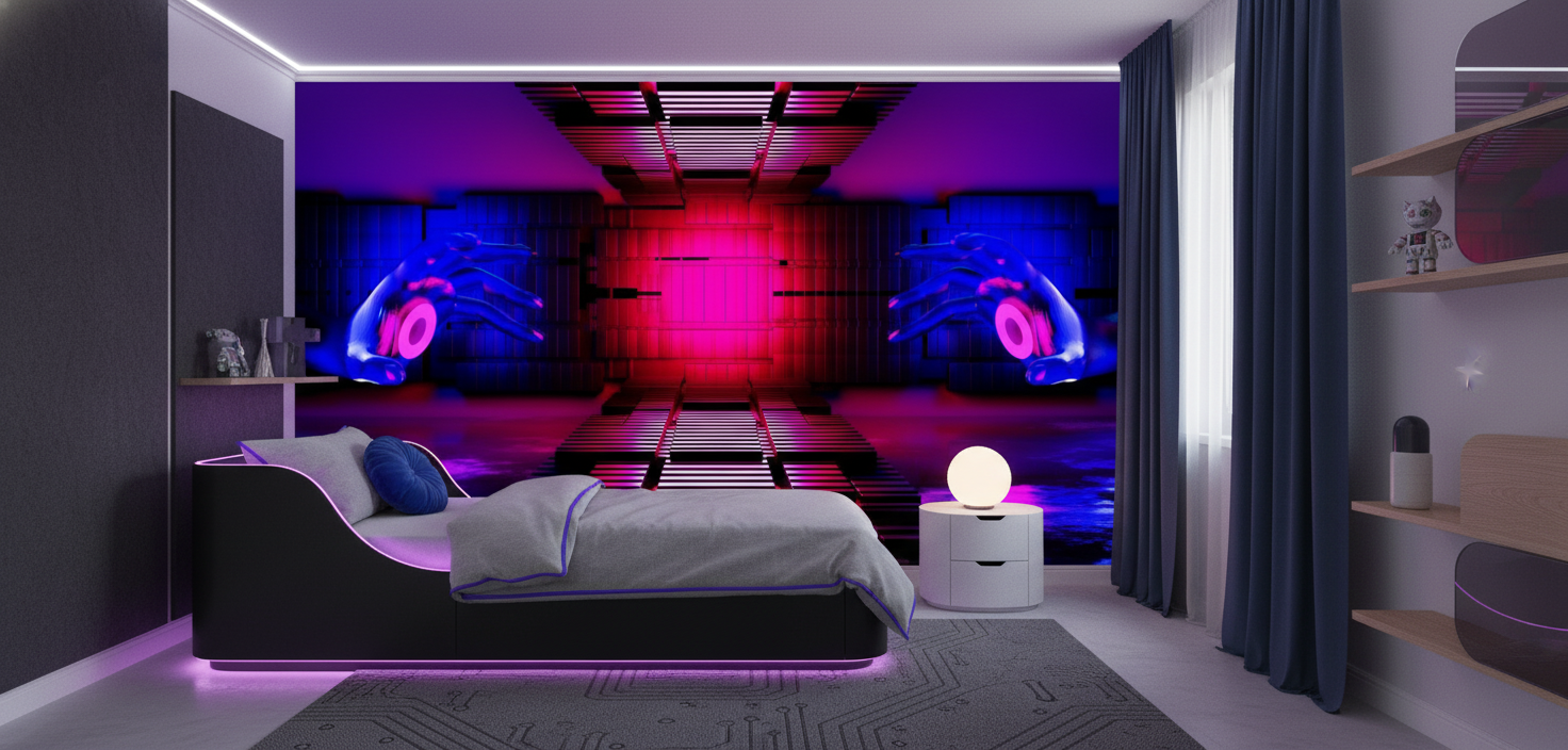 Papier peint futuriste néon cyberpunk mains holographiques effet 3D - Chambre enfant