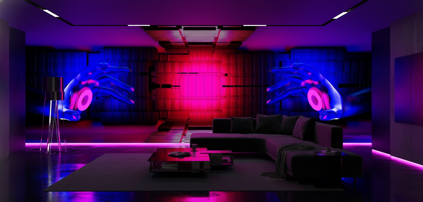 Papier peint futuriste néon cyberpunk mains holographiques effet 3D - Salon / Séjour
