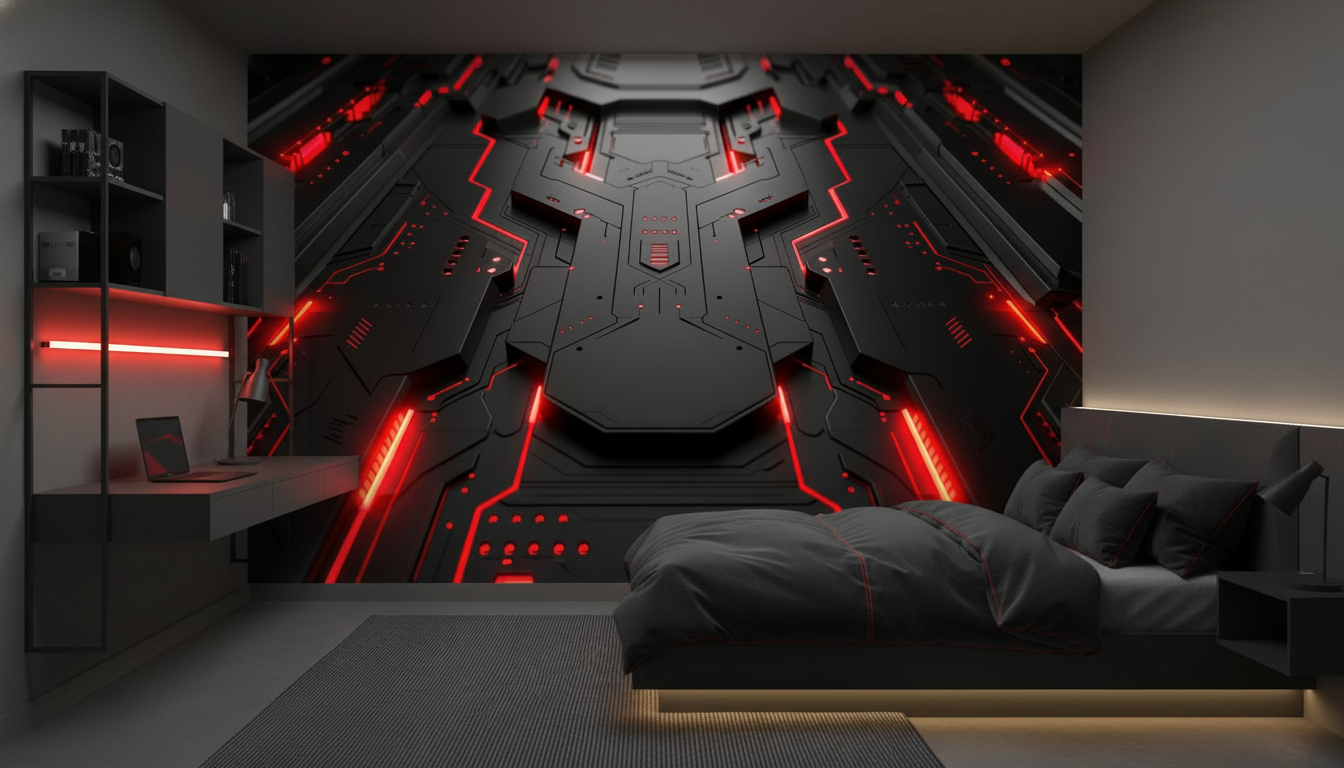 Papier Peint Futuriste Vaisseau Spatial Éclairage Rouge Néon Technologique - Chambre ado