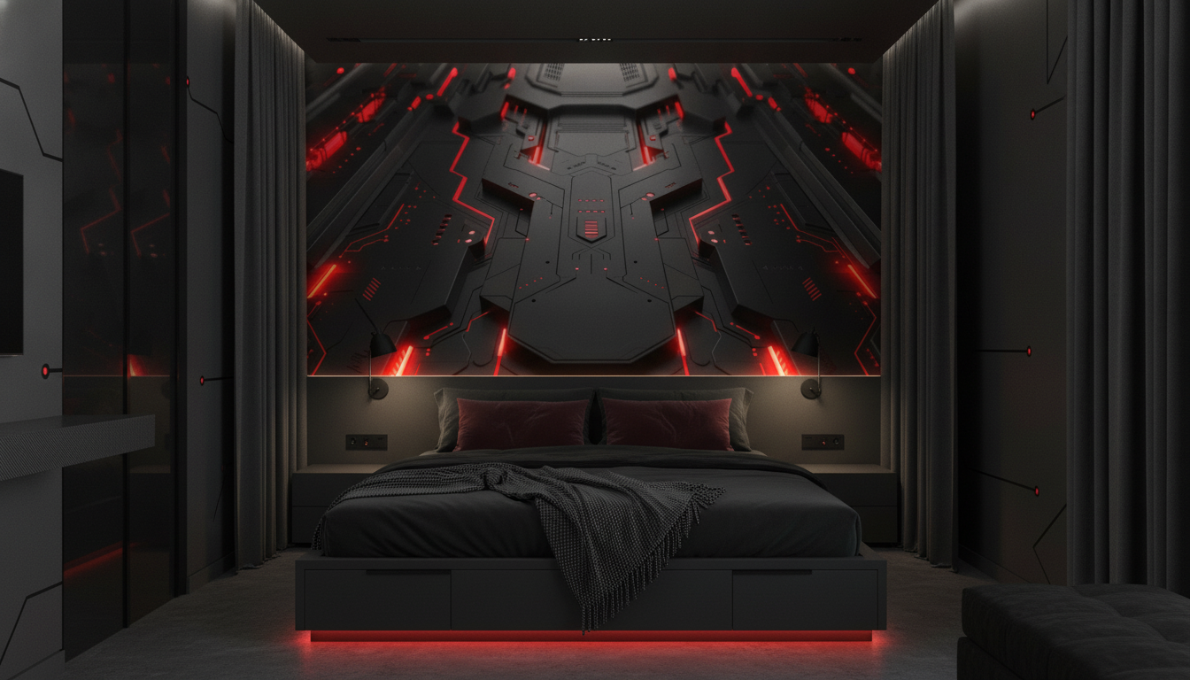 Papier Peint Futuriste Vaisseau Spatial Éclairage Rouge Néon Technologique - Chambre adulte