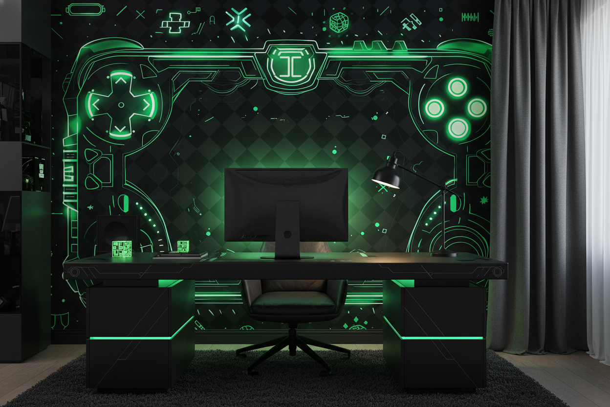 Papier Peint Gaming Controller Néon Vert Futuriste Technologique Digital - Bureau