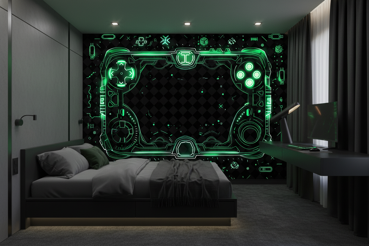 Papier Peint Gaming Controller Néon Vert Futuriste Technologique Digital - Chambre ado
