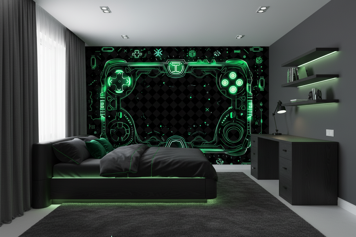 Papier Peint Gaming Controller Néon Vert Futuriste Technologique Digital - Chambre enfant