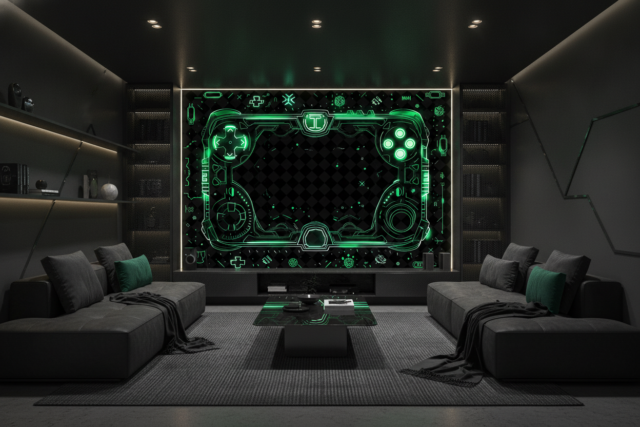 Papier Peint Gaming Controller Néon Vert Futuriste Technologique Digital - Salon / Séjour