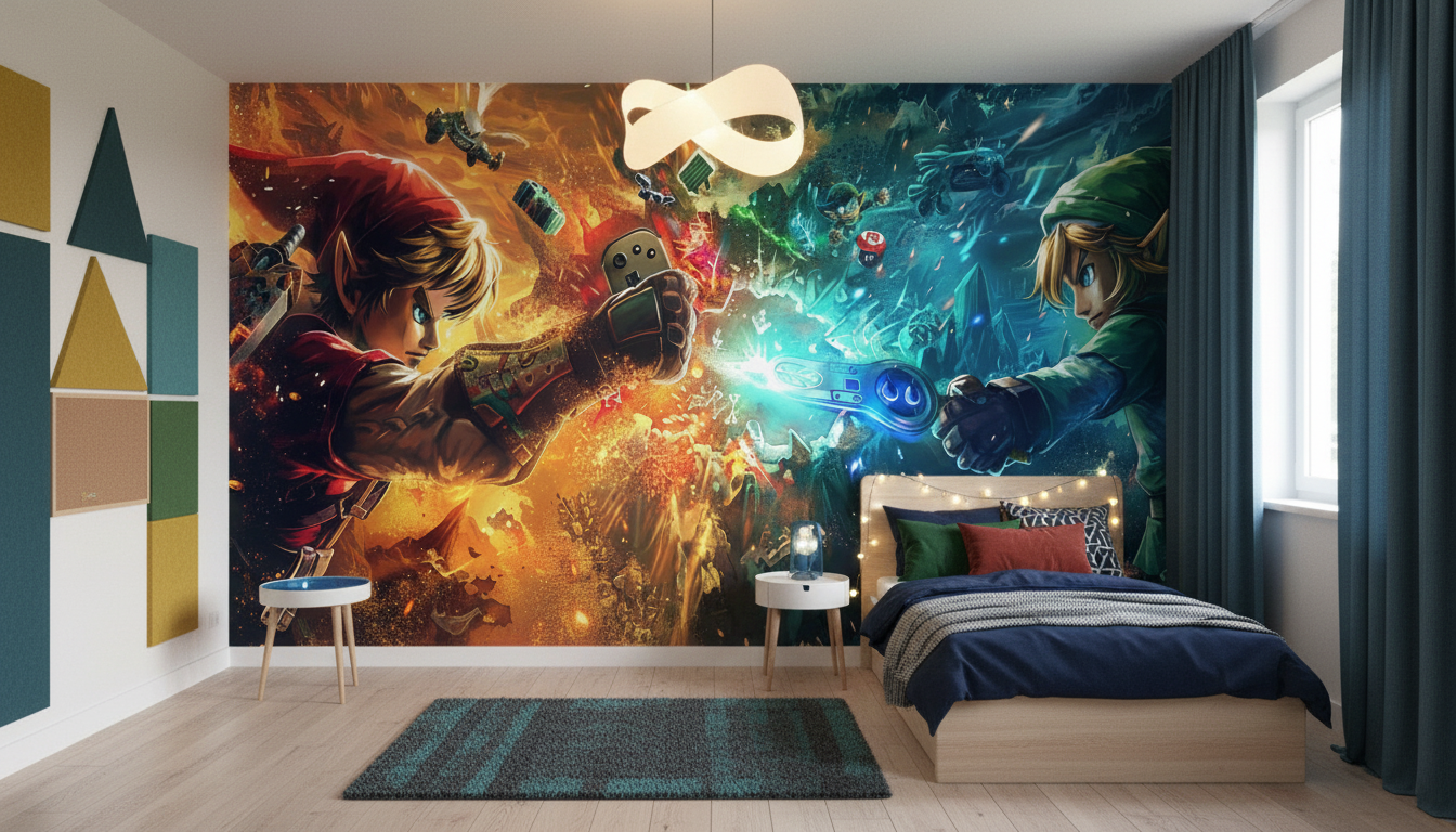 Papier Peint Gaming Fantasy Duel Épique Link Zelda - Chambre enfant