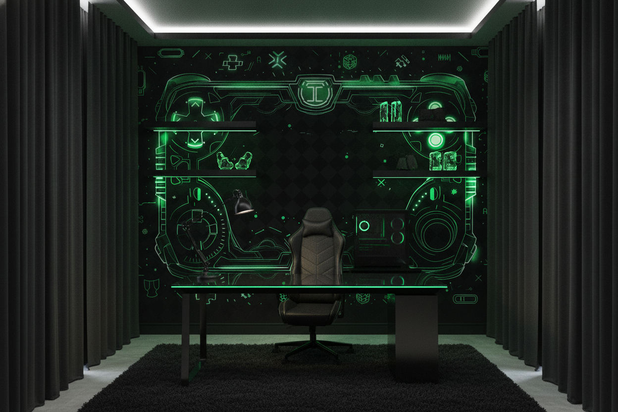 Papier Peint Gaming Futuriste Manette Holographique Vert Néon Luminescent - Bureau