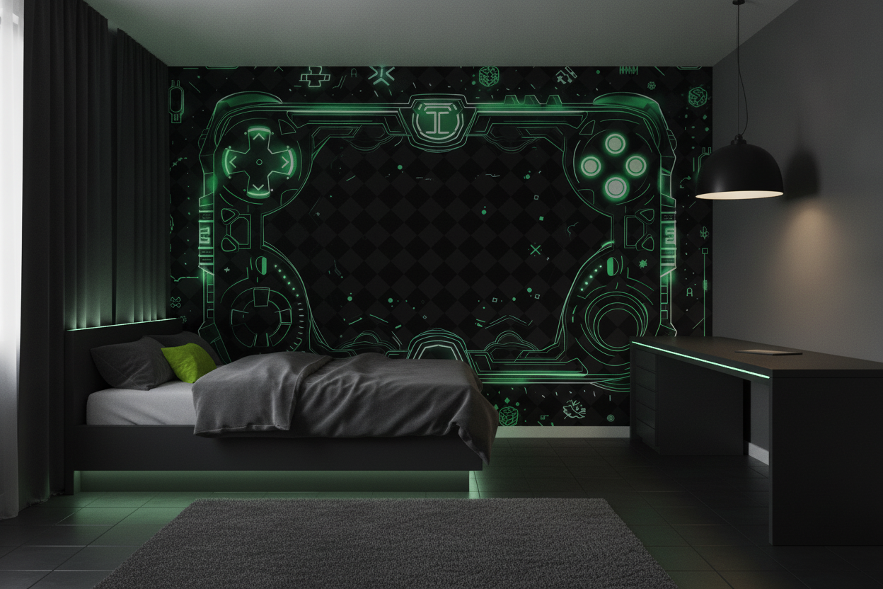 Papier Peint Gaming Futuriste Manette Holographique Vert Néon Luminescent - Chambre ado