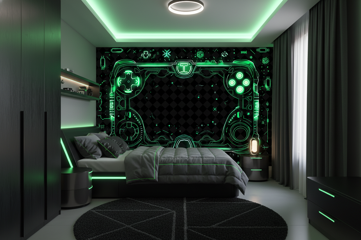 Papier Peint Gaming Futuriste Manette Holographique Vert Néon Luminescent - Chambre enfant