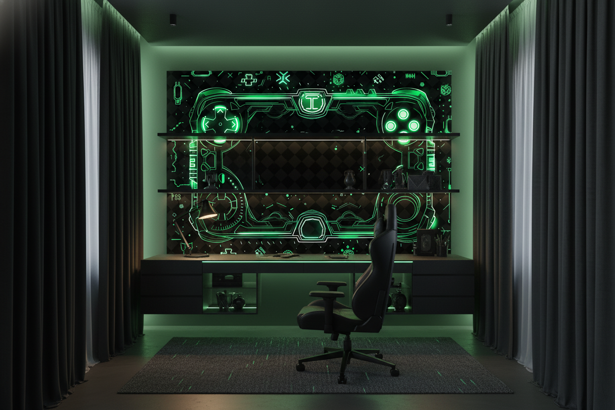 Papier Peint Gaming Futuriste Manette Néon Vert Cyberpunk Technologique - Bureau