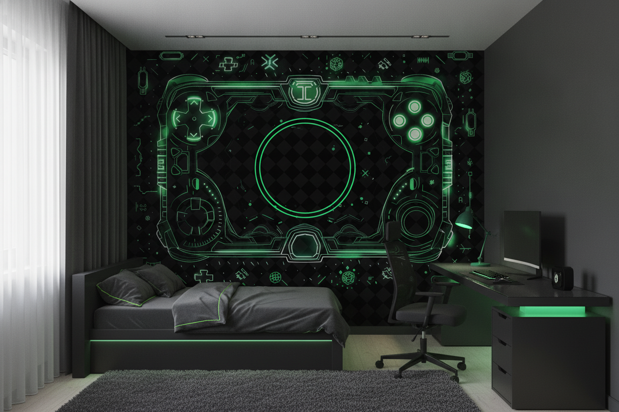 Papier Peint Gaming Futuriste Manette Néon Vert Cyberpunk Technologique - Chambre ado