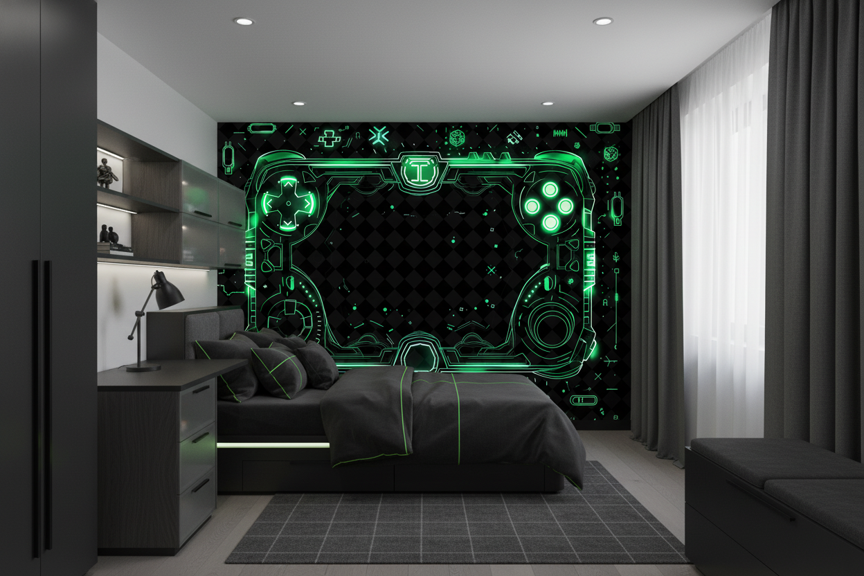 Papier Peint Gaming Futuriste Manette Néon Vert Cyberpunk Technologique - Chambre enfant