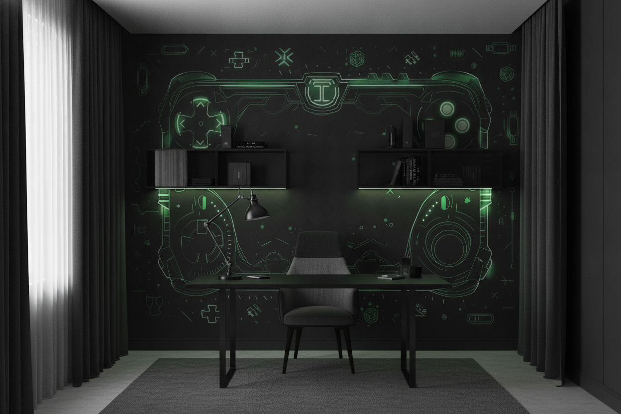Papier Peint Gaming Futuriste Manette Verte Néon Cyberpunk - Bureau
