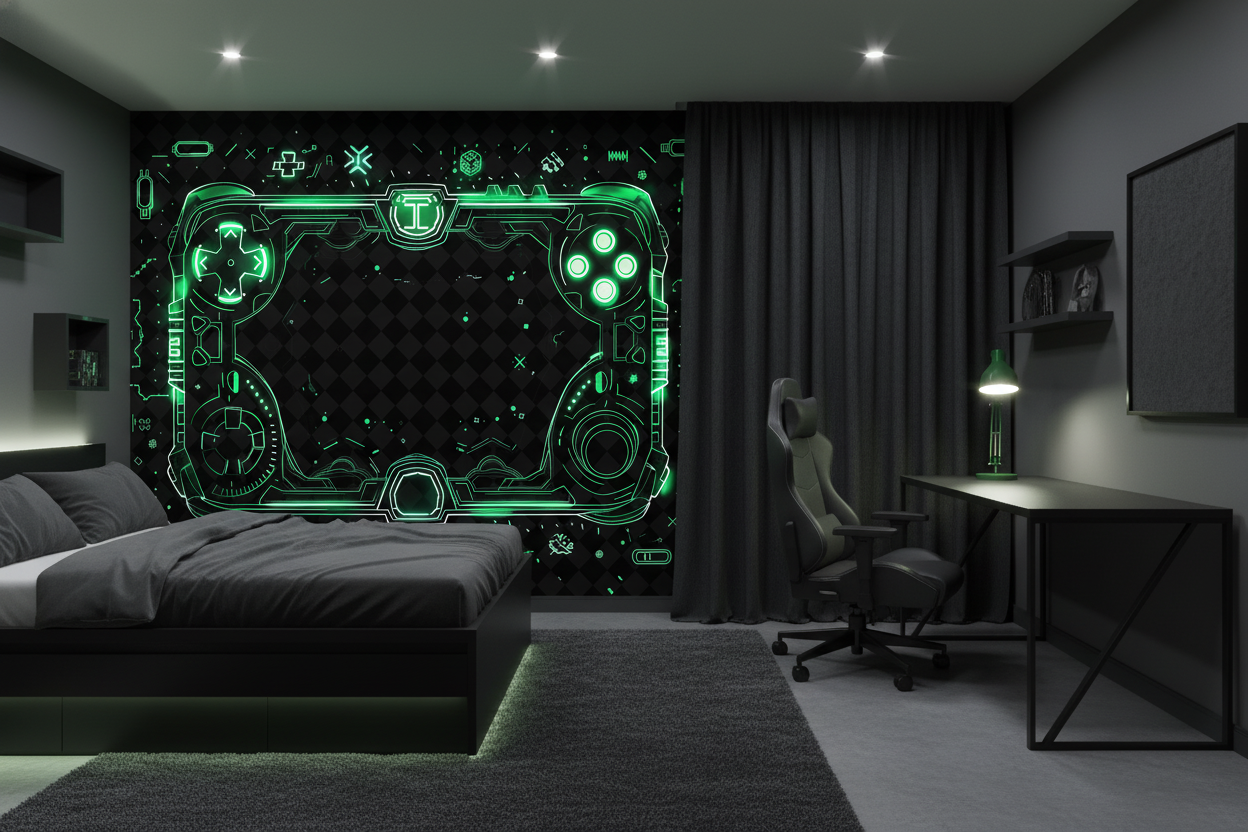 Papier Peint Gaming Futuriste Manette Verte Néon Cyberpunk - Chambre ado