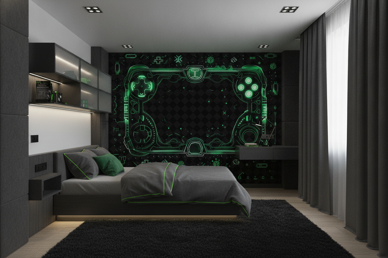 Papier Peint Gaming Futuriste Manette Verte Néon Cyberpunk - Chambre enfant