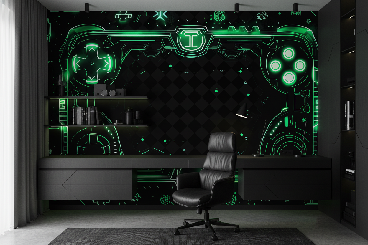Papier Peint Gaming Futuriste Manette Verte Néon Technologique - Bureau
