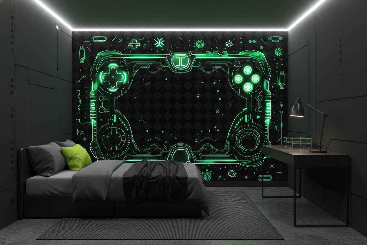 Papier Peint Gaming Futuriste Manette Verte Néon Technologique - Chambre ado