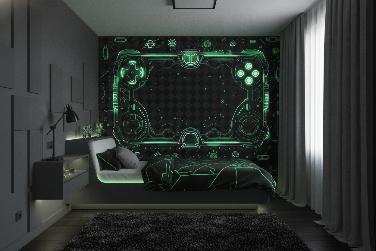 Papier Peint Gaming Futuriste Manette Verte Néon Technologique - Chambre enfant