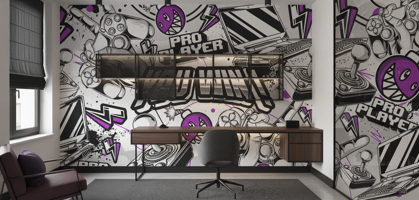Papier Peint Gaming Graffiti Noir Blanc Violet Pro Player - Bureau