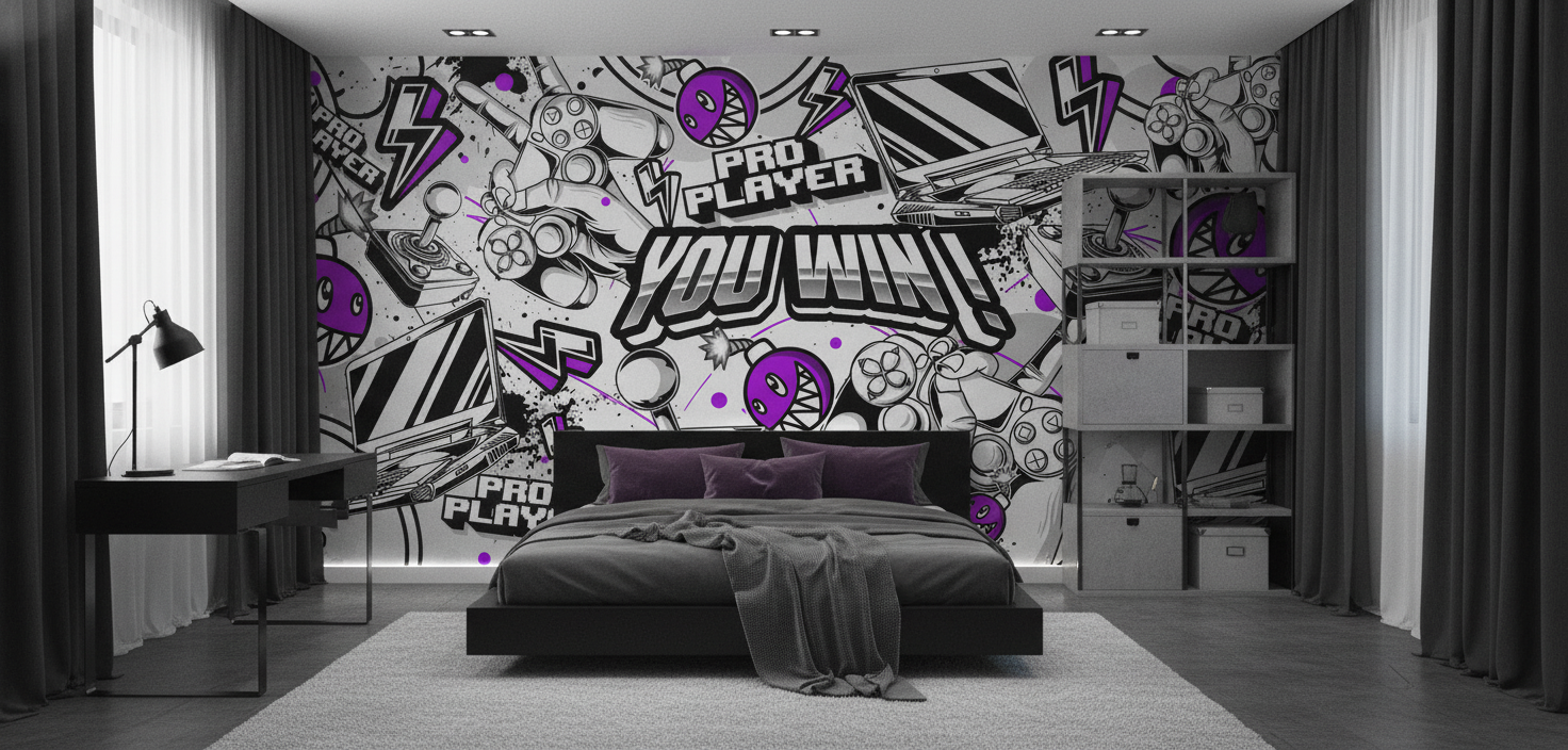 Papier Peint Gaming Graffiti Noir Blanc Violet Pro Player - Chambre ado