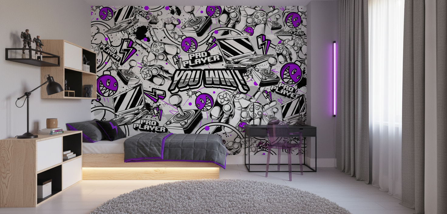 Papier Peint Gaming Graffiti Noir Blanc Violet Pro Player - Chambre enfant