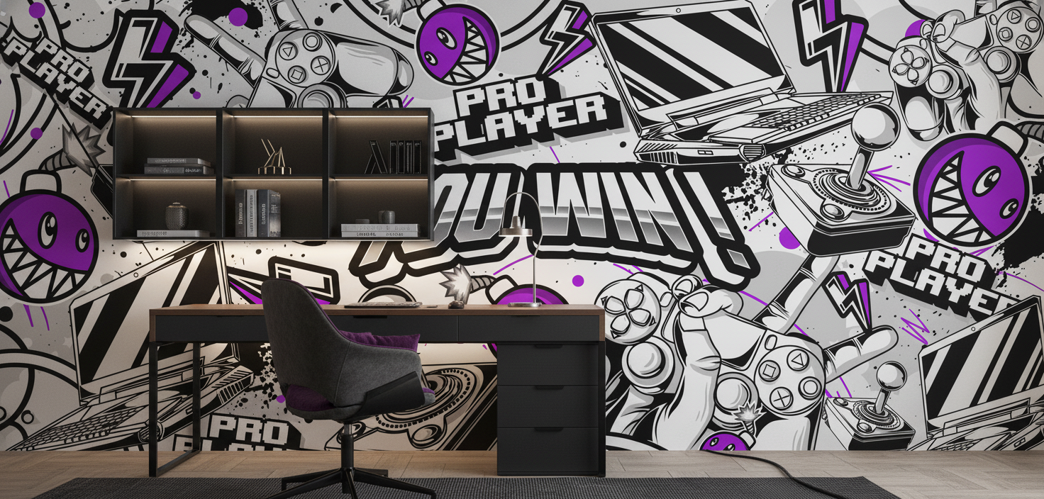 Papier Peint Gaming Graffiti Noir Blanc Violet Pro Player - Bureau