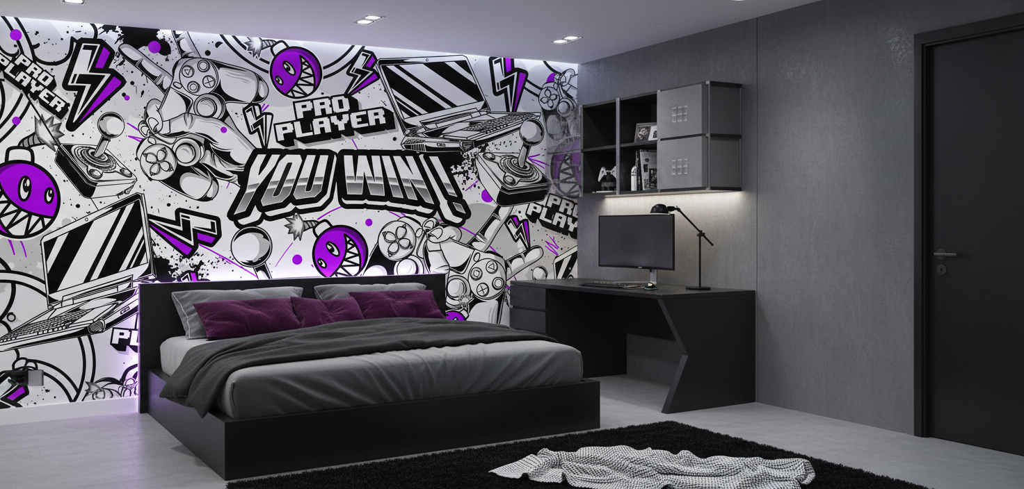 Papier Peint Gaming Graffiti Noir Blanc Violet Pro Player - Chambre ado