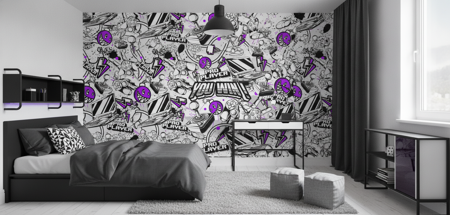 Papier Peint Gaming Graffiti Noir Blanc Violet Pro Player - Chambre enfant