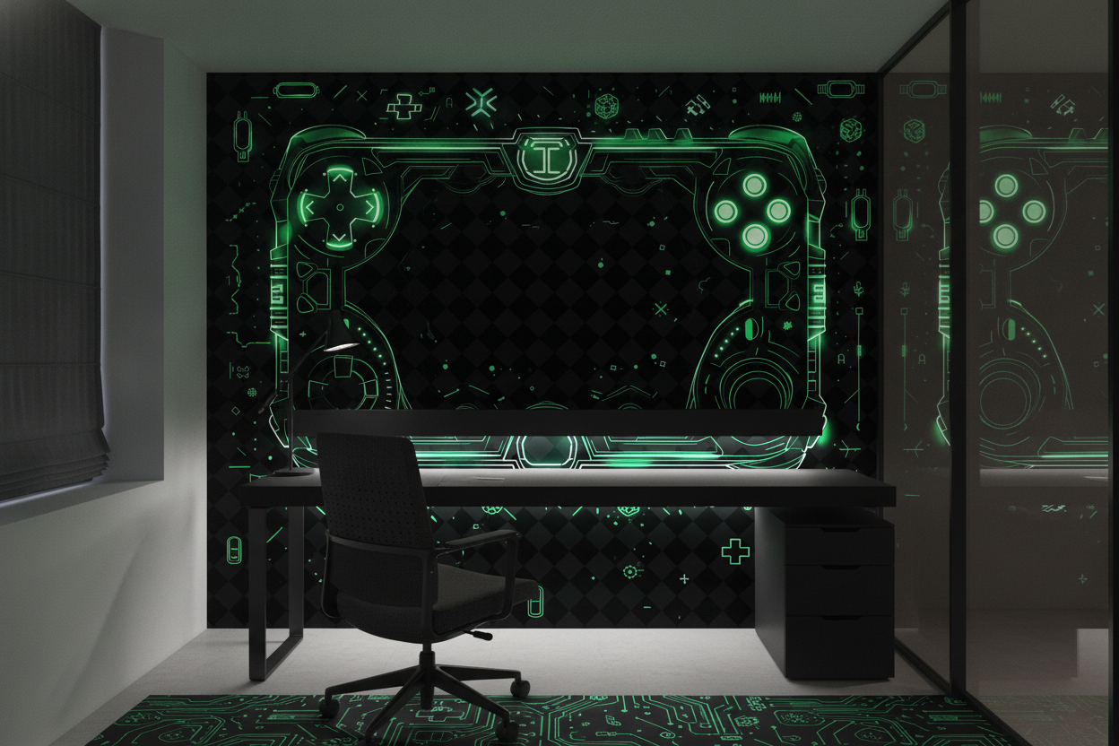 Papier Peint Gaming Manette Holographique Néon Vert Futuriste - Bureau