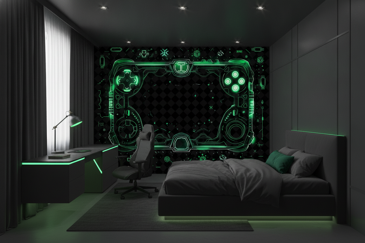 Papier Peint Gaming Manette Holographique Néon Vert Futuriste - Chambre ado