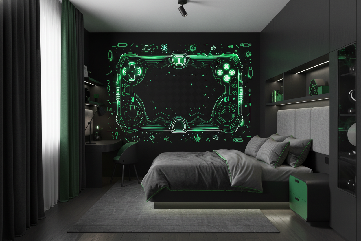 Papier Peint Gaming Manette Holographique Néon Vert Futuriste - Chambre enfant