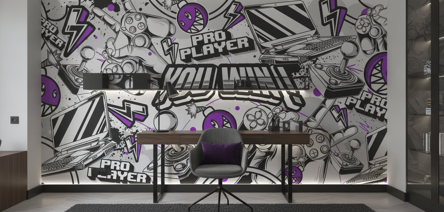 Papier Peint Gaming Noir Blanc Violet Style Graffiti Pro Player - Bureau