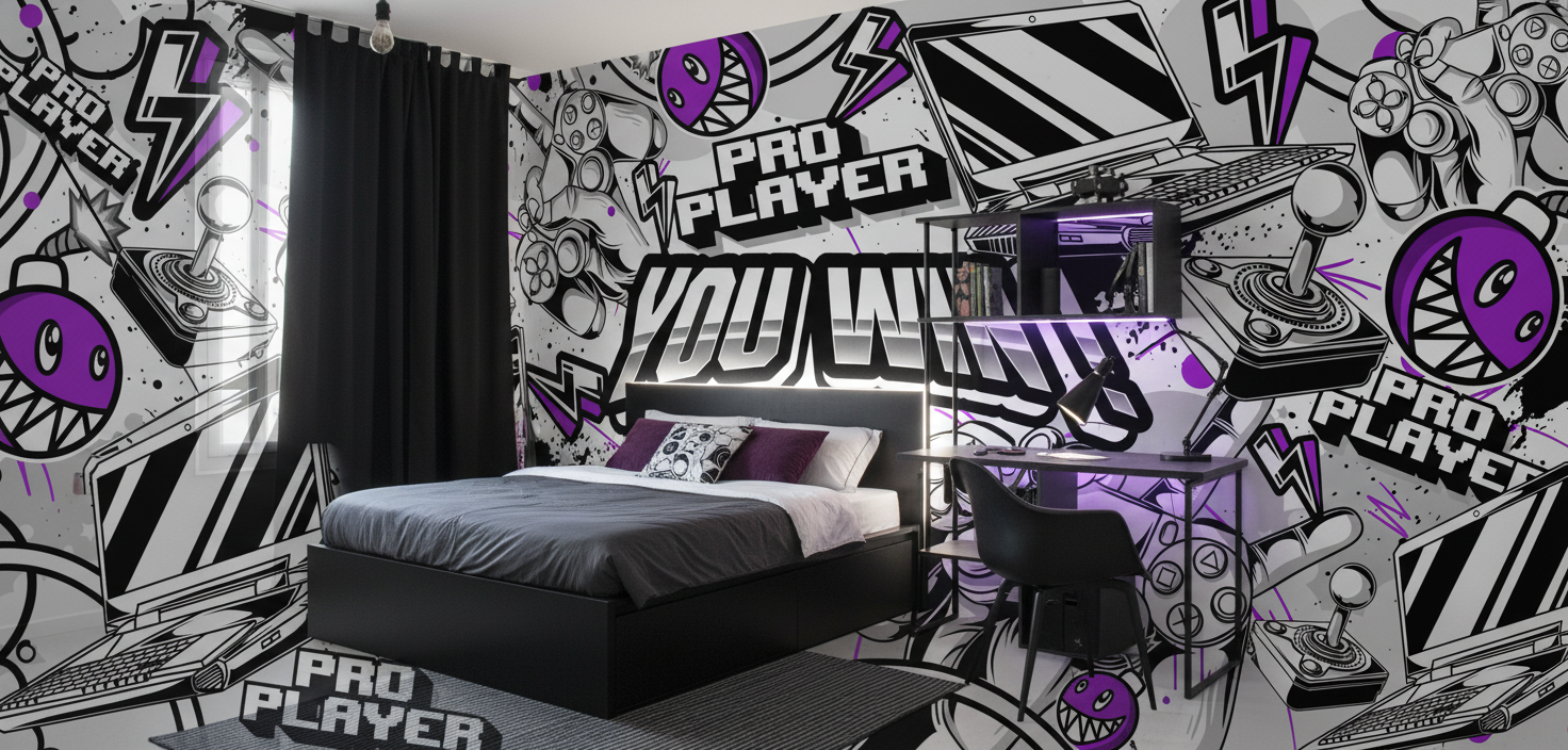 Papier Peint Gaming Noir Blanc Violet Style Graffiti Pro Player - Chambre ado