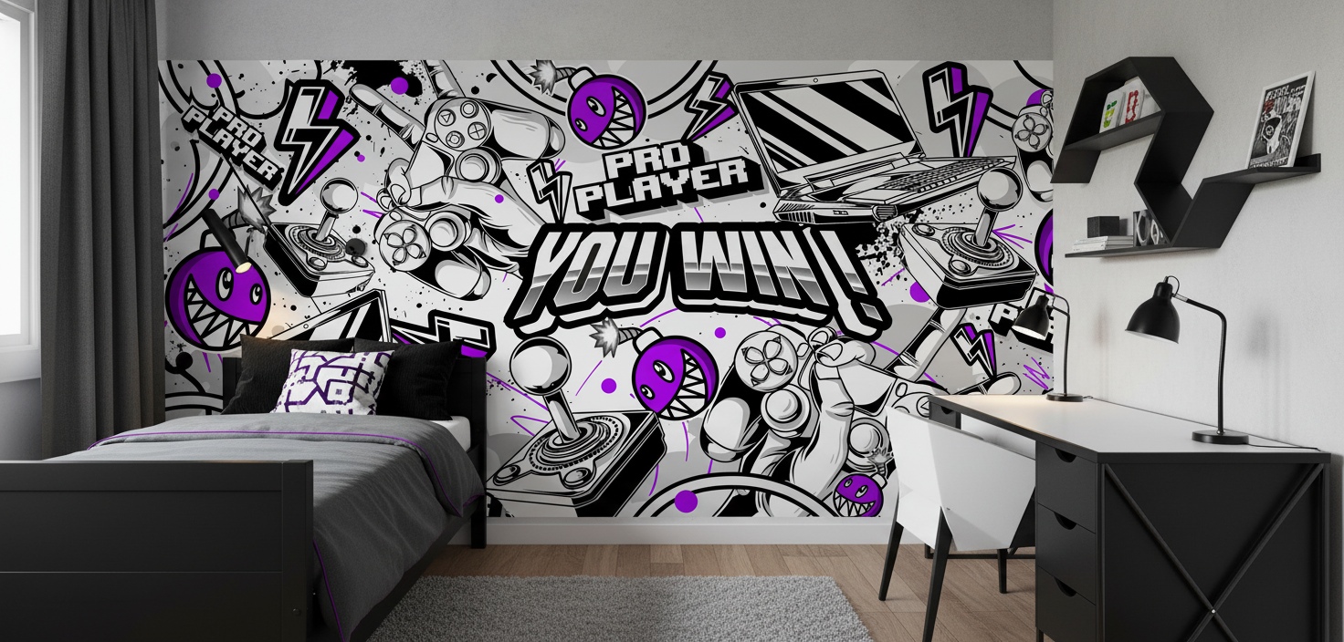 Papier Peint Gaming Noir Blanc Violet Style Graffiti Pro Player - Chambre enfant
