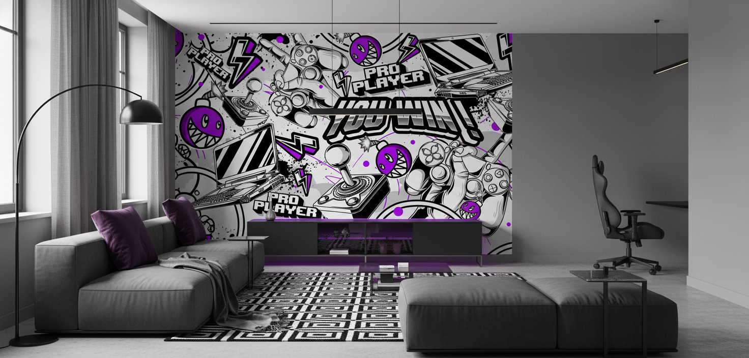Papier Peint Gaming Noir Blanc Violet Style Graffiti Pro Player - Salon / Séjour
