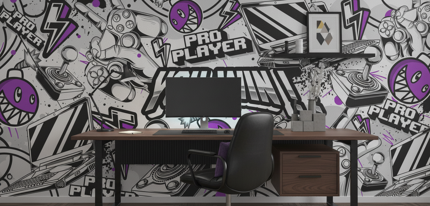 Papier Peint Gaming Pro Player Noir Blanc Violet - Bureau